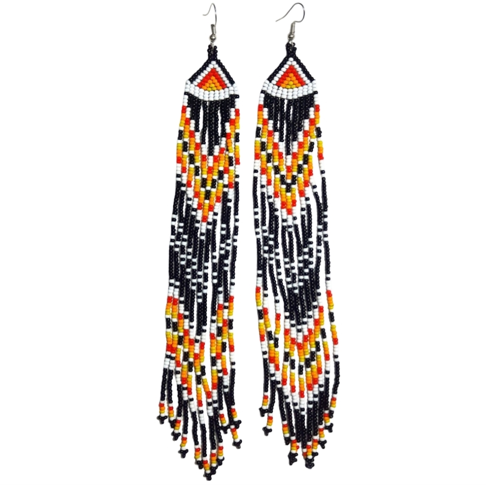Long 7 Inch Shoulder Duster Earrings Black Orange Beaded Fringe Dangle Statement